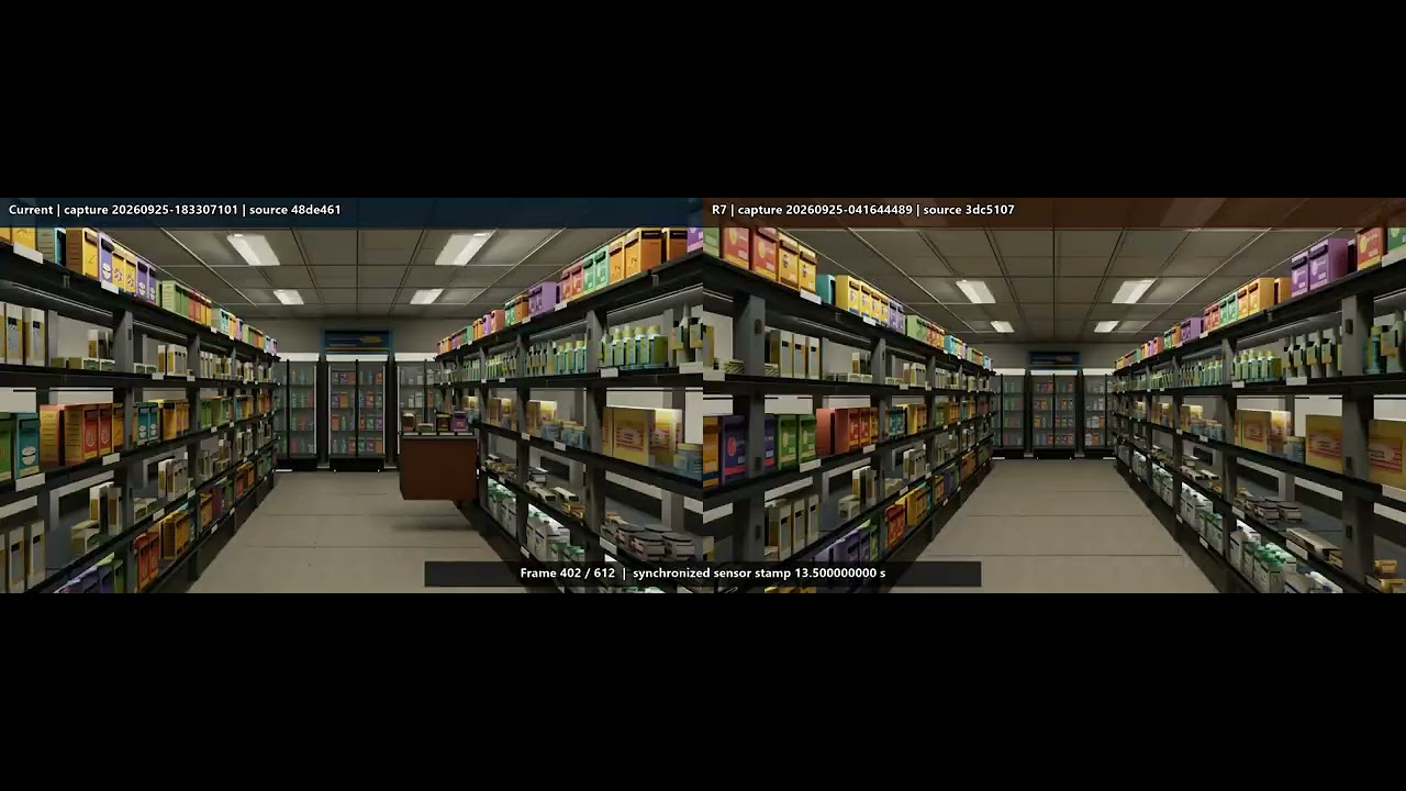 Side-by-side comparison of Current and R7 grocery aisle simulation views