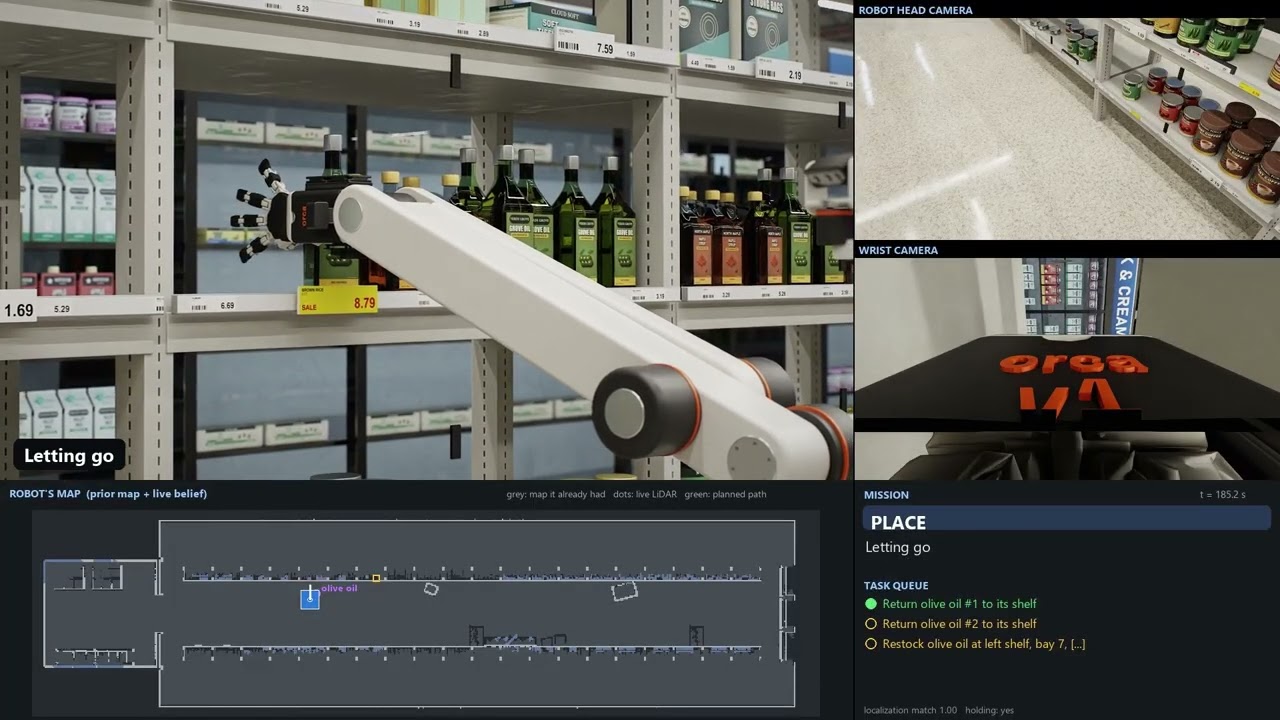 Robot perspective simulation with head camera, wrist camera and robot map views