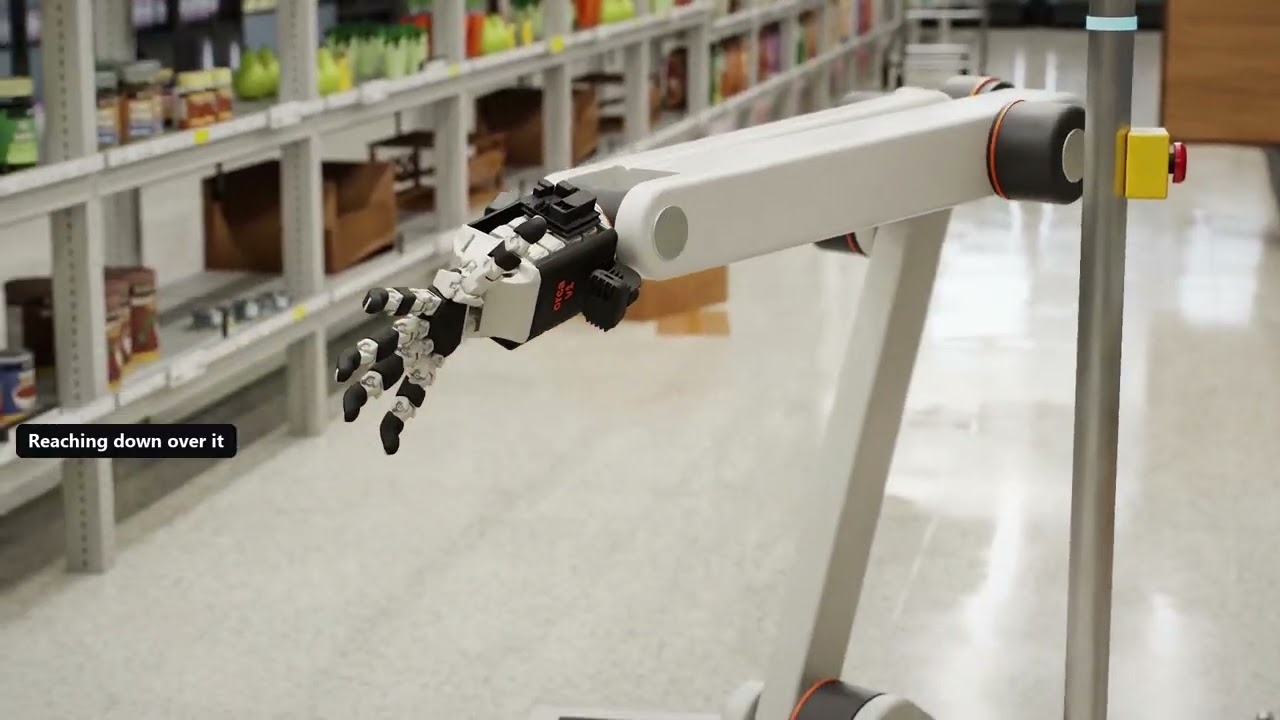 Simulated robotic arm and articulated hand reaching toward grocery shelves